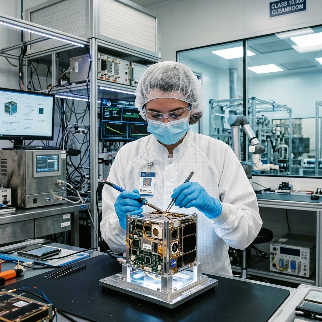 Engineer in cleanroom working on CubeSat satellite