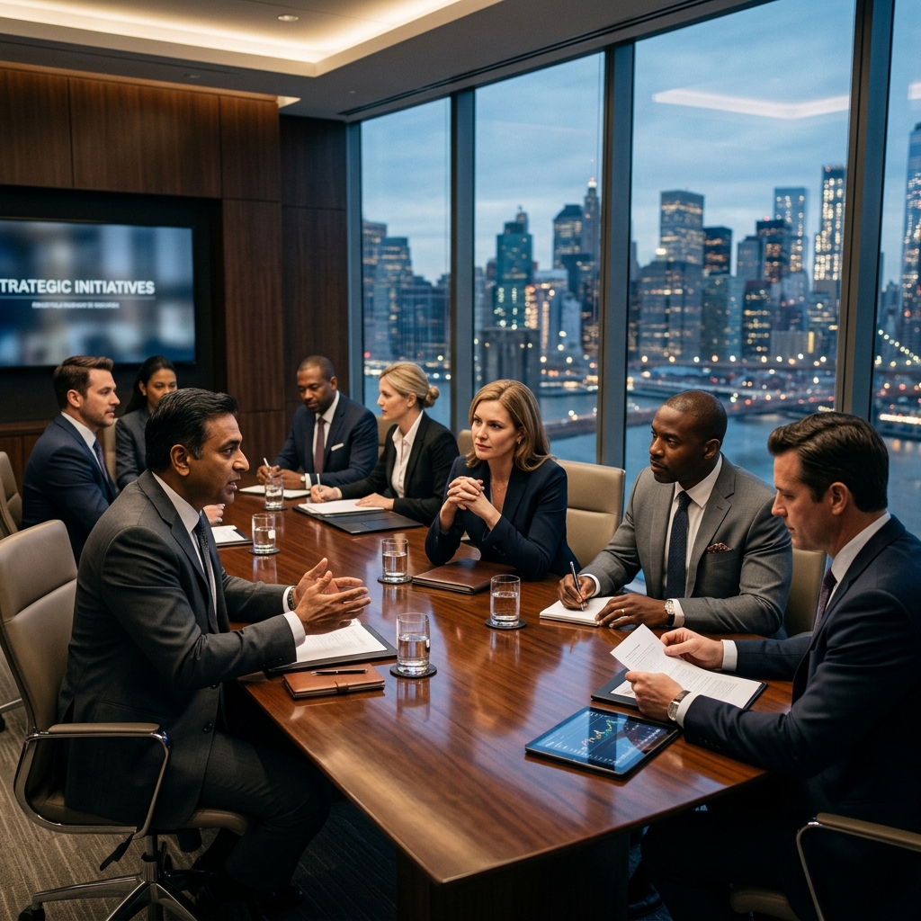 Boardroom discussion among space industry leaders