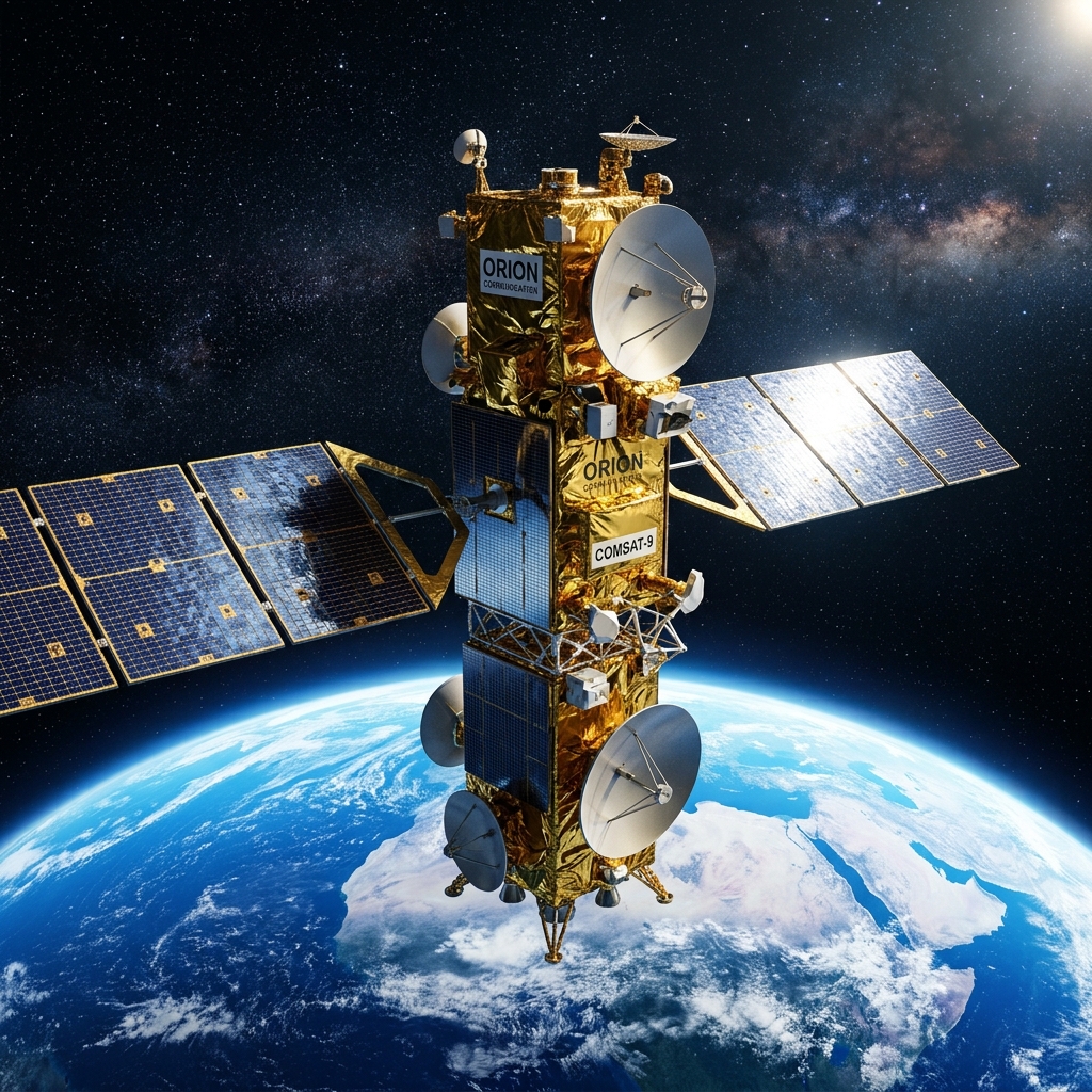 High-tech gold communication satellite in orbit